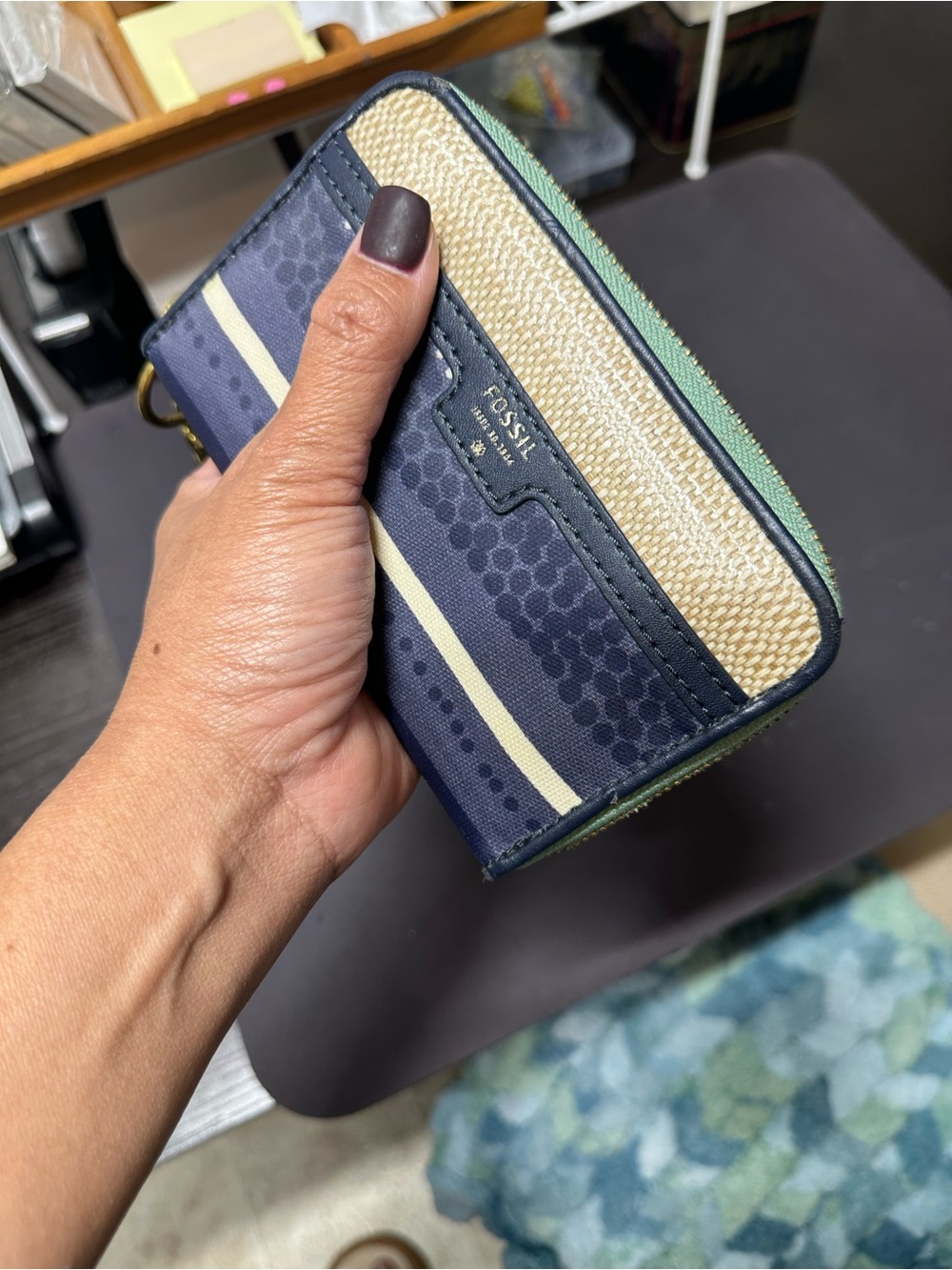 Fossil Navy Patterned Zip-Around Wallet with Mint Trim